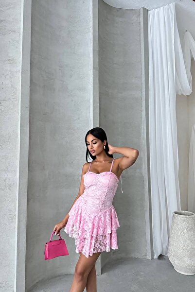 novalook Askılı Korse Bağlamalı Gloplu Pembe Kısa Elbise