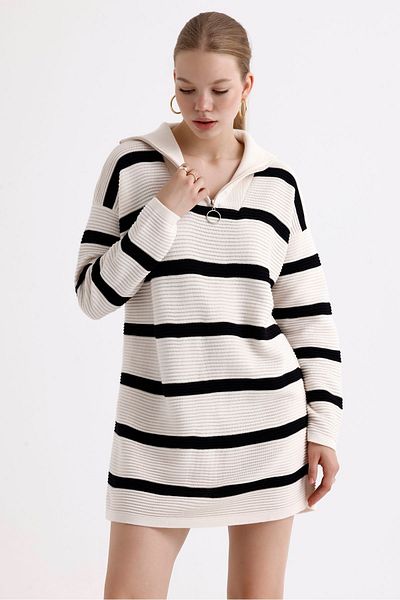 MD trend Patterned Oversize Striped Knitwear Tunic - Zippered Collar Women's Dress