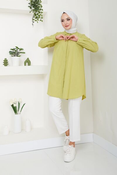 Eliva Γυναικείο μουσουλμανικό πουκάμισο Boyfriend με κρυφά κουμπιά με λαδί πράσινο θερικό