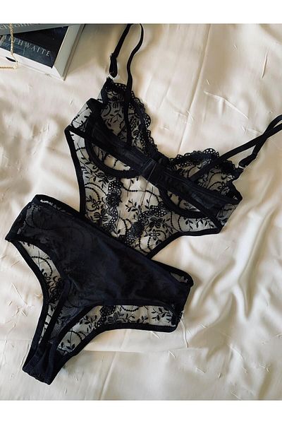 ROZENİN LINGERIE Δώρο Πρωτοχρονιάς Μαύρο Δαντελένιο Κέντημα Εσωρούχο Διαφανές Φορμάκι χωρίς καπάκι