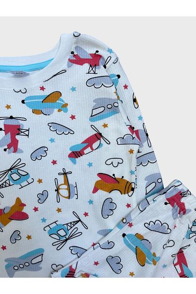 elmas kids Boys' Cotton Ribbed White Airplane Helicopter Cloud Pattern Seasonal Long Sleeve Pajamas Set