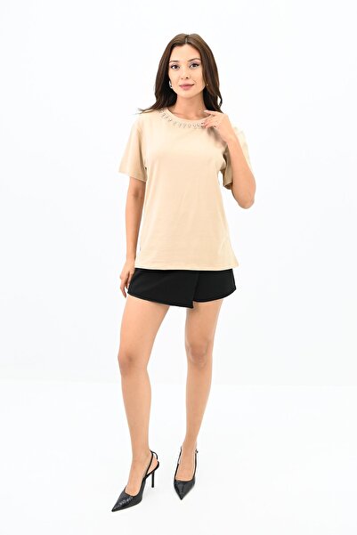 Koza Butik Γυναικείο μπλουζάκι με λαιμόκοψη με πέτρα 1749-4-24