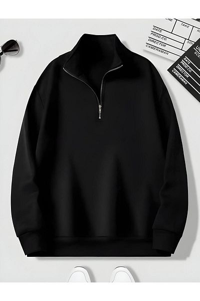 Harmandar Men's Black Plain Pullover Sweatshirt - Stand Collar and Half Zipper Detail