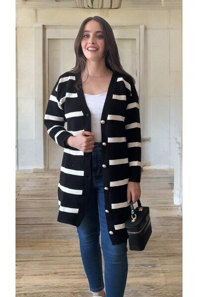 Entropy Cardigan de damă cu mânecă lungă cu dungi negre