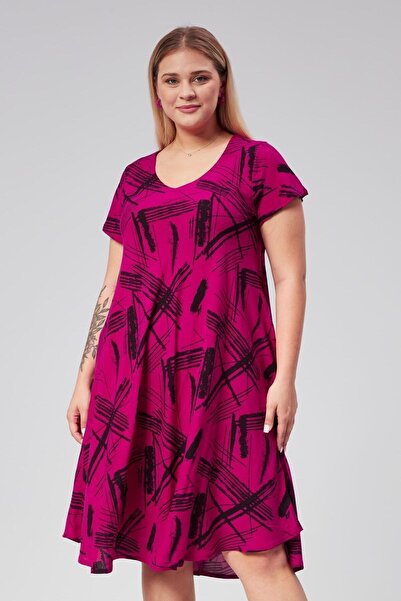 Seamoda Fuchsia V-Neck Geometric Patterned Viscon Comfort Dress - Short Sleeve Plus Size