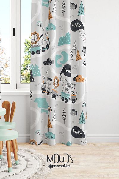 Moud's Suede Digital Printed Extra String - Toy Train Pattern, Single Wing Background Curtain Children's and Baby's Room