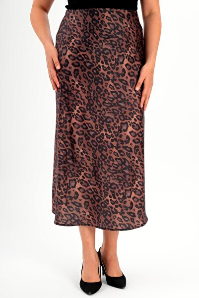 Metpoint Trend42Plus Plus Size Leopard Patterned Brown Skirt with Elastic Waist