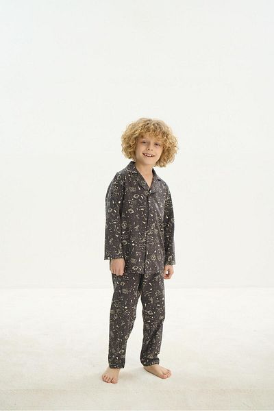 Sevim Boy's Smoked Pajama Set - Long Sleeve and Buttoned Front C5T1N7O8