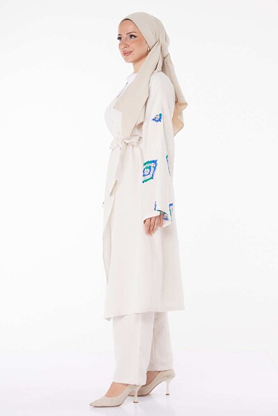 TOFİSA Women's Blue Kimono and Trousers Double Suit - Straight Jacket Collar - 13193