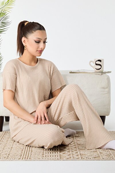 TOFİSA Μπεζ Γυναικείες αθλητικές φόρμες Plain Crew Neck - 22488