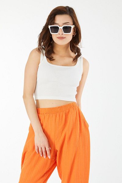 TOFİSA 24439-BÍLÁ Čtvercový límec Crop Top - Krátký rukáv