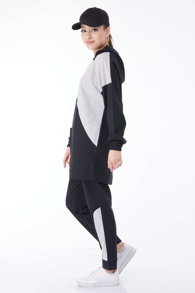 TOFİSA Women's Gray Hooded Long Sleeve Tracksuit Set - Straight Collar - 13121