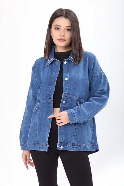 TOFİSA Blue Stone Detailed Straight Shirt Collar Women's Denim Jacket - 23622