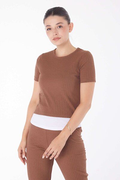 TOFİSA Καφέ Σετ μπλουζάκι και παντελόνι για γυναίκες - Crew Neck - 25952