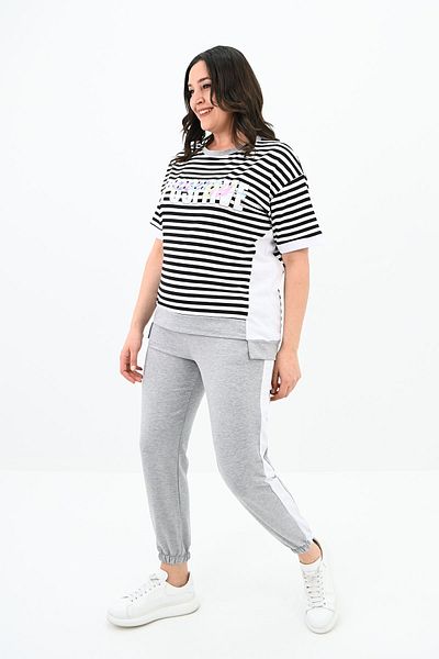 Koza Butik Γυναικείο Σετ Φούτερ με ρίγες Plus Size 8106-24