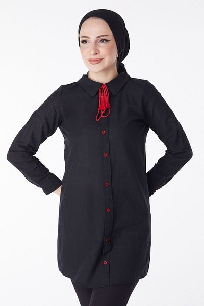 TOFİSA Flat Shirt Collar Women's Black Tassel Detailed Tunic - 13159