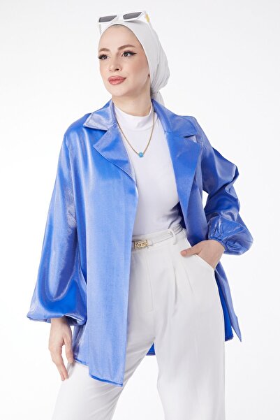 TOFİSA Blue Shiny Detailed Belted Women's Jacket - Straight Collar 24752