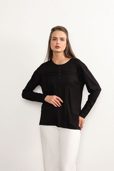 Nacar Moda Four Seasons for Middle Age and Above - Μαύρη Mother ριγέ χτενισμένη βαμβακερή μπλούζα, New Season Lycra