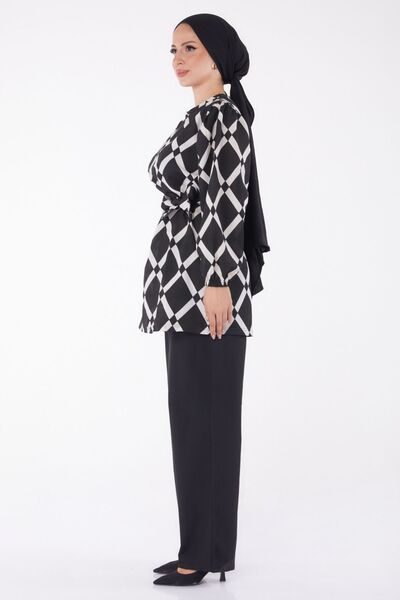 TOFİSA Ecru Patterned Women's Double Suit - Plain Crew Neck - 13245