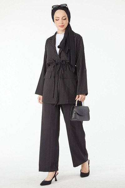 TOFİSA Black Striped Women's Jacket and Trousers Set - Straight Collar - 24511