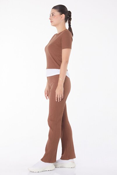 TOFİSA Καφέ Σετ μπλουζάκι και παντελόνι για γυναίκες - Crew Neck - 25952