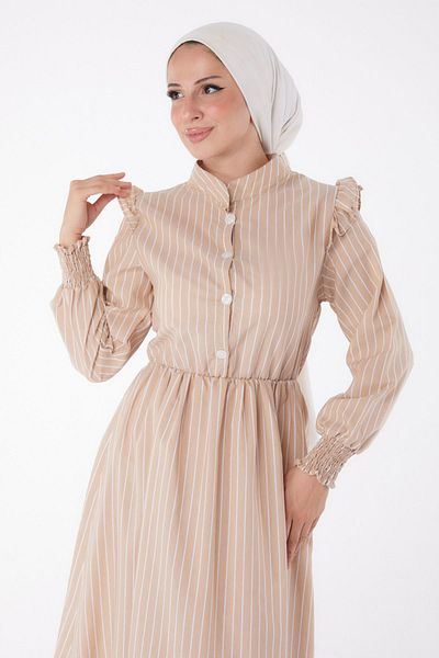 TOFİSA Mink StripeD Women's Dress - Straight JuDge Collar, Gipeli - 25998