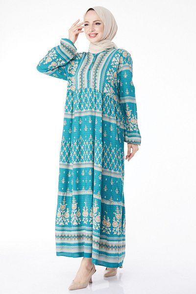 TOFİSA Green Patterned Straight Chief Collar Women's Dress - Buttoned, 24747