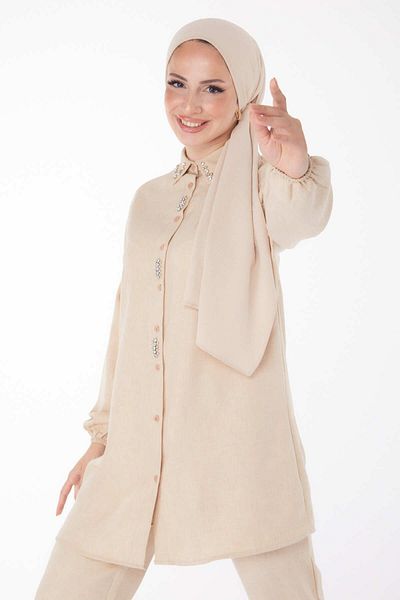 TOFİSA Beige Stone Detailed Plain Shirt Collar Women's Double Set - 13235