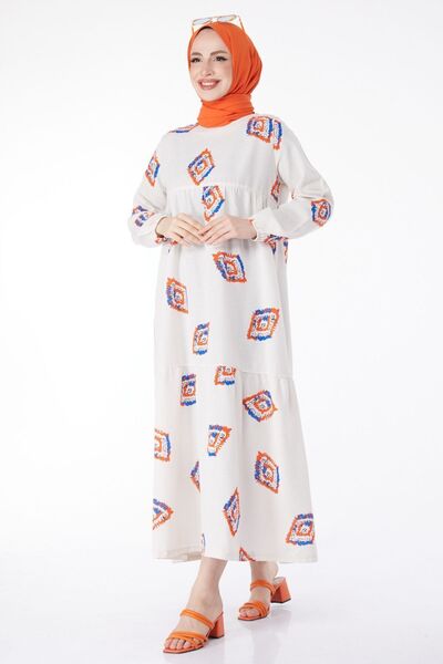 TOFİSA فستان نسائي برتقالي منقوش برقبة دائرية - 13151