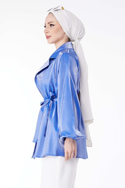 TOFİSA Blue Shiny Detailed Belted Women's Jacket - Straight Collar 24752