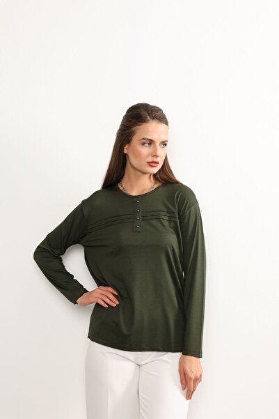 Nacar Moda Kadın Likralı Büyük Beden Haki Anne Penye Bluz Yeni Sezon Çizgili Şeritli