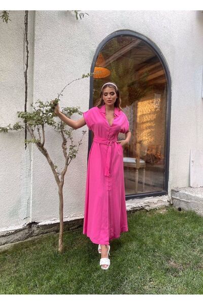 Bak'ap Premium βαμβακερό μακρύ φόρεμα - με κουμπιά και ζώνη, νυχτερίδα μανίκι