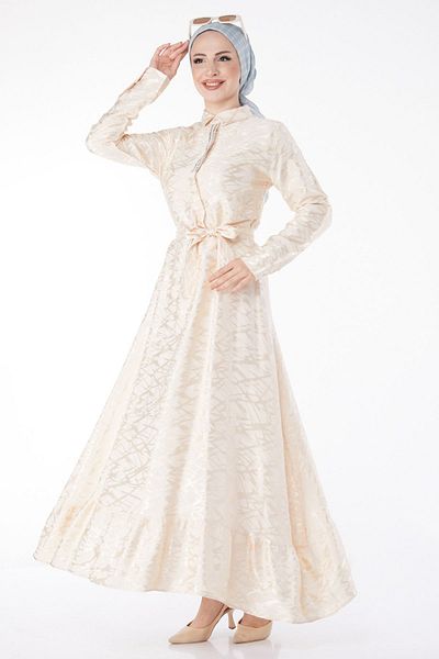 TOFİSA Abendkleid mit schlichtem Hemdkragen und Steindetail für Damen in Beige - 25191