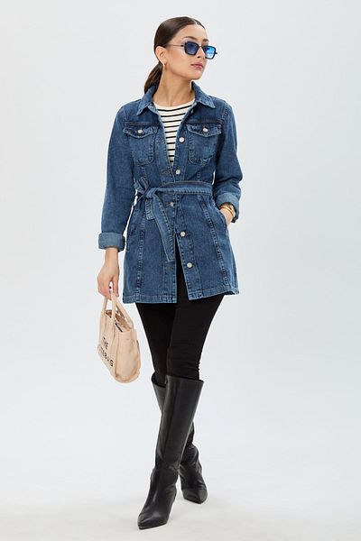 TOFİSA Women's Blue Denim Jacket, Plain Shirt Collar - 23625