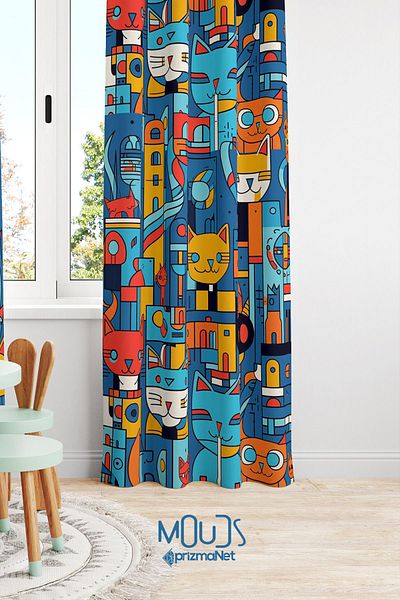 Moud's Cat Pattern Origami Background Curtain - Suede Printed Extrafor Drawstring for Kids and Baby Room, Single Wing