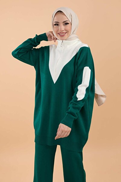 TOFİSA Zelená úpletová tunika a kalhoty – ženy s jednoduchým polovičním rolákem – 23792