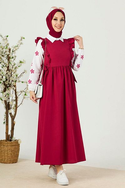 TOFİSA Claret Red Shirt Dress Plain Crew Neck - 10510