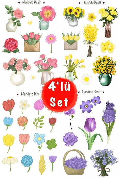 Handeto Kraft Çiçek Sticker 4lü Çoklu Sticker Seti, Çıkartma, Scrapbook, Bull...