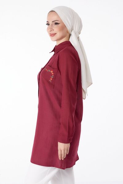 TOFİSA Claret Red Embroidered Tunic - Γιακάς Πουκάμισου, Λεπτομερής Κέντημα - 13170