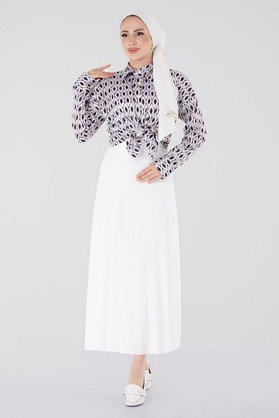 TOFİSA White Pleated Straight Medium Women's Skirt - 23035