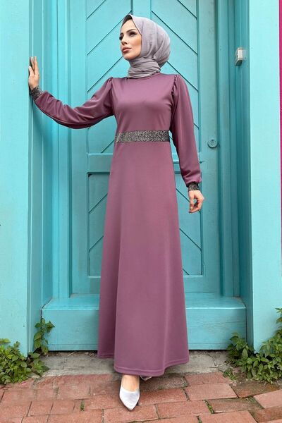 TOFİSA Liliowa sukienka damska – gładka, z okrągłym dekoltem – 11361