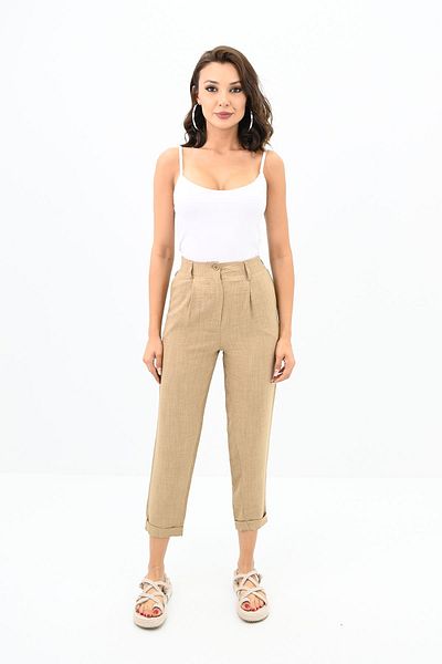 Koza Butik Women's High Waist Linen Trousers with Pocket Detail 6200-23