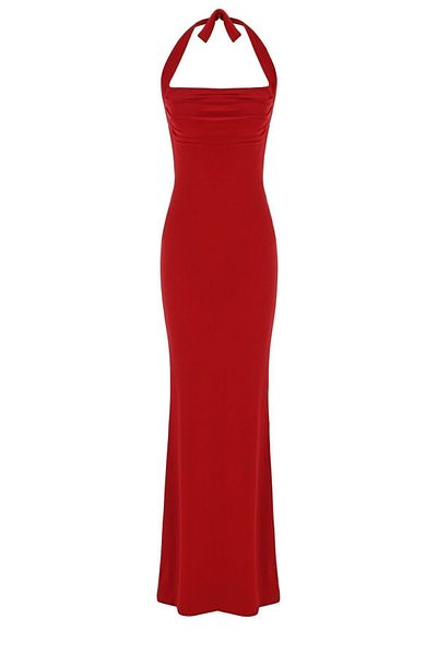 Whenever Company Red Halter Neck Draped Chest Area and Back Slit Evening Dress
