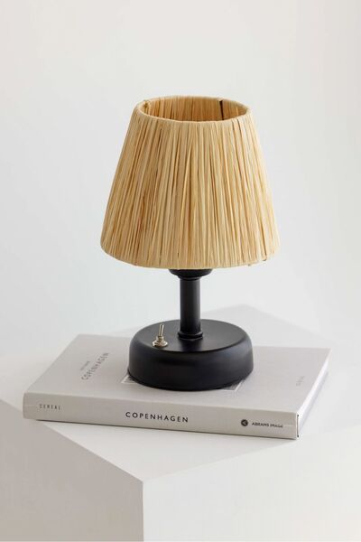 Maison Avf Rafya & Hasır Masa Üstü Led Kablosuz Pilli Abajur Alt Siyah Üst Sa...