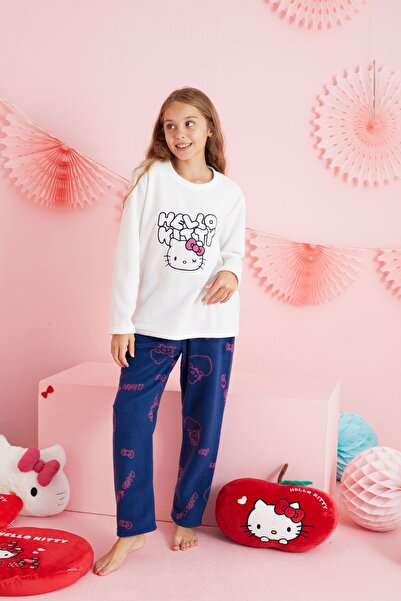 Siyah İnci Hello Kitty Lisanslı Polar Beyaz Çok Renkli Bisklet Yaka Pijama Takım HK328