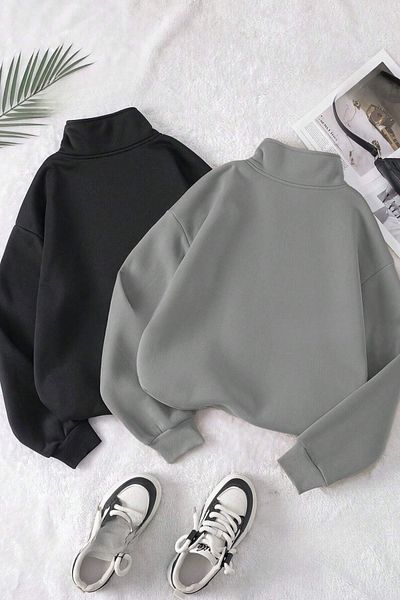 Know Női 3 szálú füstölt fekete oversize félcipzáras 2 részes pulóver szett