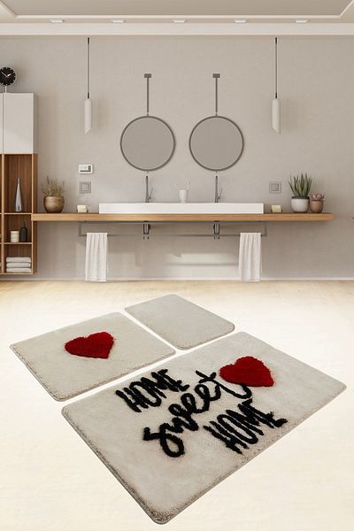 Chilai Home Home Sweet Home Σετ 3 Πλένεται Πέτρινο Κάθισμα Τουαλέτας και Χαλί Μπάνιου - Ακρυλικό Χαλάκι Πόρτας