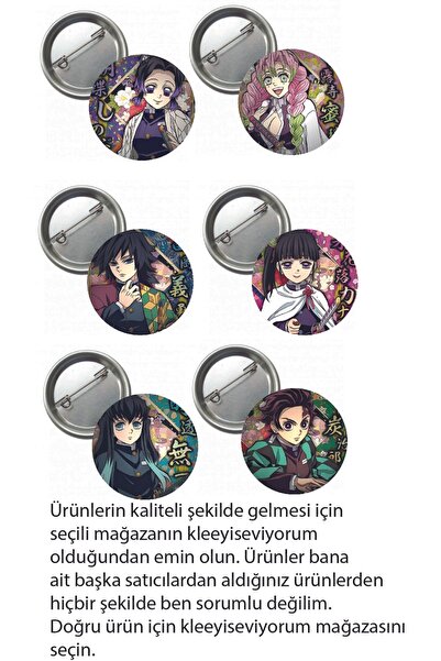 kleeyiseviyorum Demon Slayer Anime Buton Rozet 6 Adet 37mm