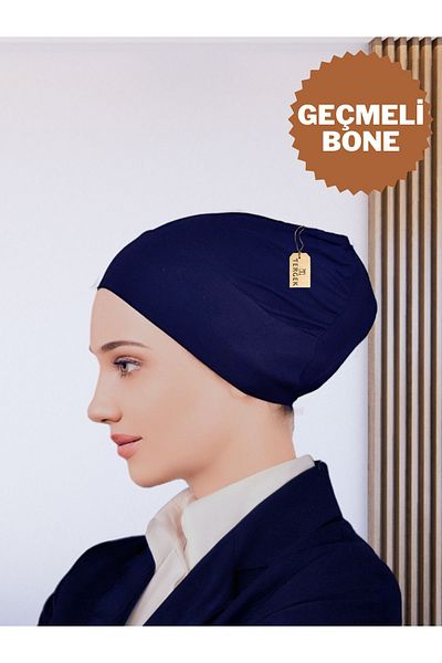 Tergek Navy Blue Lycra Cotton Combed - Seamless Women's Hijab Head Scarf Turban Inner Cap