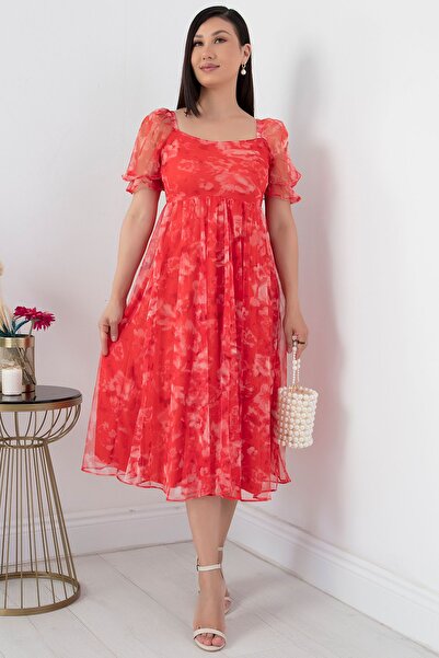 PULLIMM Rochie cu maneca scurta cu decolteu patrat din tul - GRS3455